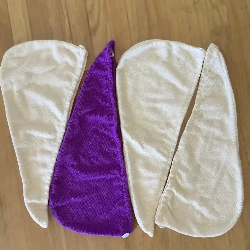 Lot of 4 Polyester Hair Towels -  3 Cream & 1 Purple
